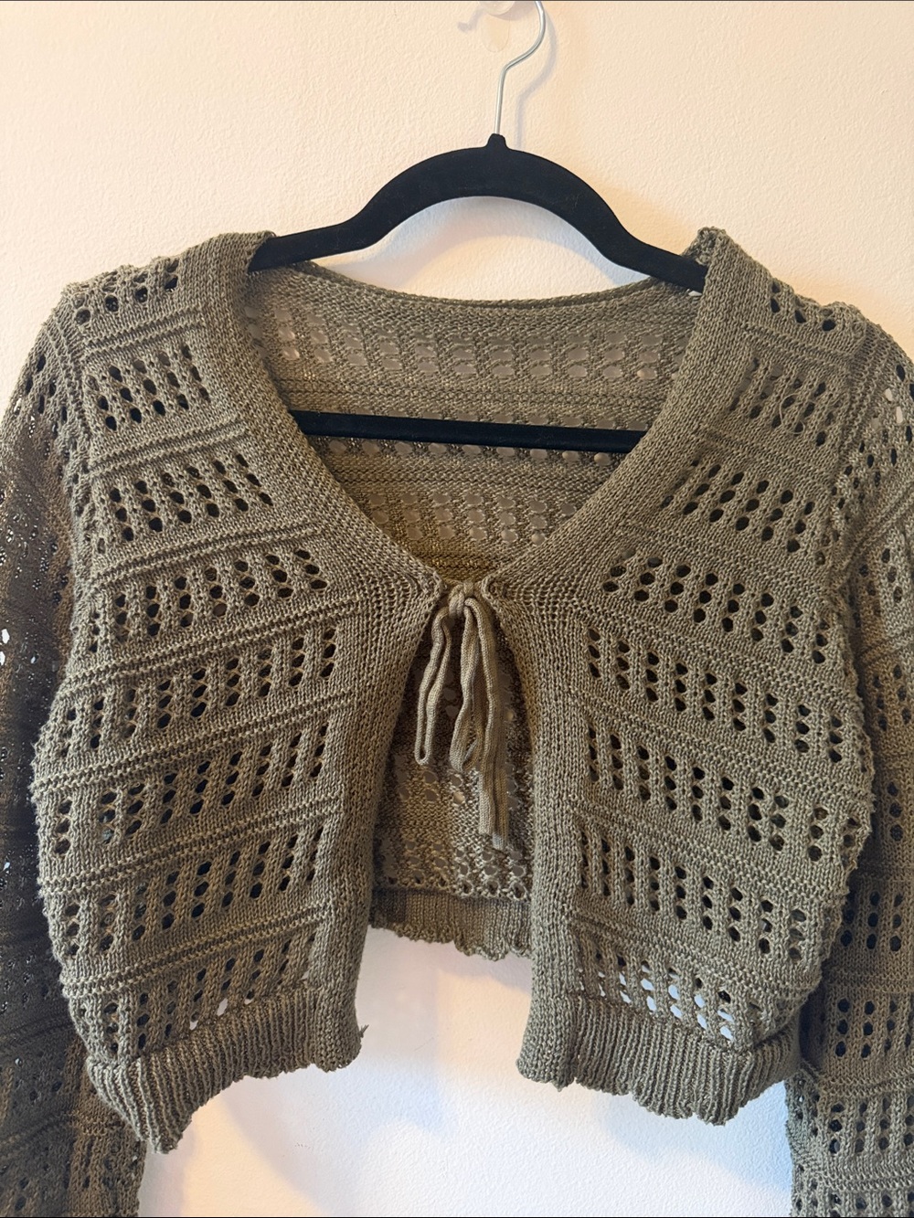 Olive Open-Knit Tie-Front Cropped Sweater - Women